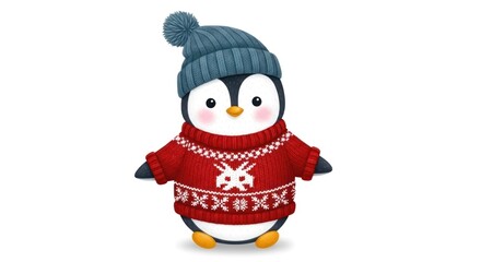 Fototapeta premium Cute penguin cartoon character wearing winter hat and christmas sweater illustration