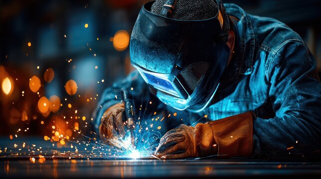 A skilled worker wearing a protective mask, welding with bright sparks and focused intensity