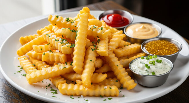 Golden crinkle cut fries with dipping sauces, a delicious treat for lunch or dinner, perfect for fast food cravings and tasty snacks