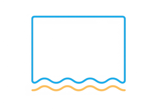 Minimal blue rectangular frame with a line of orange sand and blue waves on a transparent background - Powered by Adobe