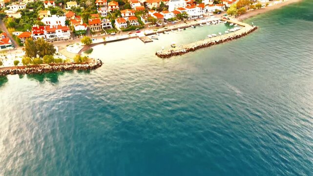 Aerial Drone View of Marathias Village and the Gulf of Corinth, Central Greece