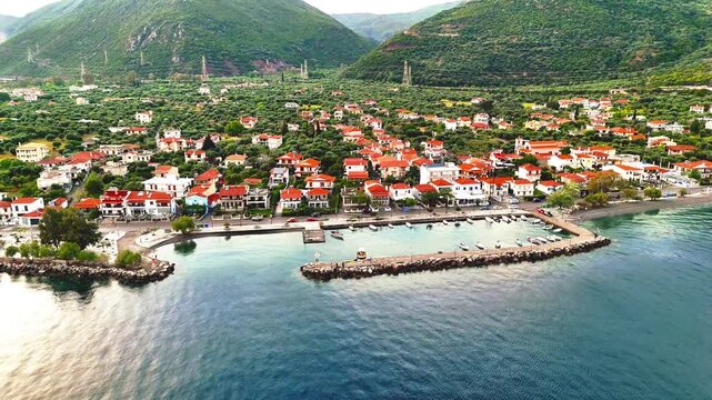 Aerial Drone View of Marathias Village and the Gulf of Corinth, Central Greece