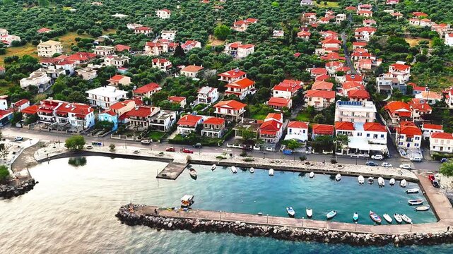Aerial Drone View of Marathias Village and the Gulf of Corinth, Central Greece