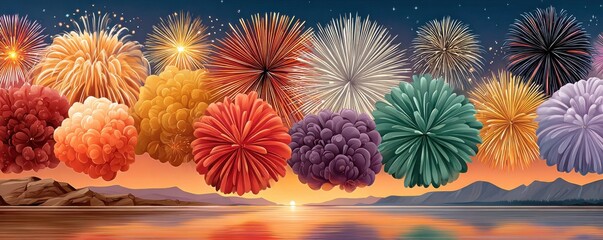 Colorful fireworks illuminate the night sky with vibrant floral shapes and festive celebration mood