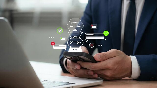 AI Chatbot Content Moderation and Digital Ethics &ndash; Businessman Using Smartphone for Responsible AI Communication and Legal Compliance, 4k  video clip