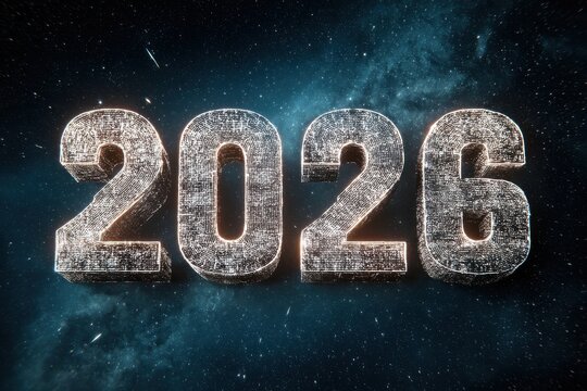 Glowing wireframe numbers 2026 with New Year message in sparkling white text