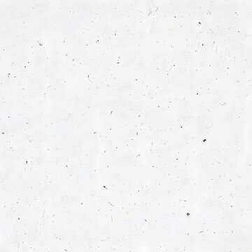 A high-resolution, seamless white paper texture showcases fine, subtle inclusions of darker fibers and small specks. This clean, organic surface suggests a recycled or handmade quality, perfect for a 
