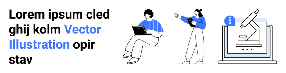 Obraz premium People engaging in digital learning using a laptop and tablet, microscope exploration. Ideal for education, teamwork, technology, remote work, STEM, digital tools, and a simple landing page