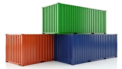 Stack of colorful shipping containers against a white background.