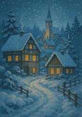 Fototapeta premium Cozy snowy village night
