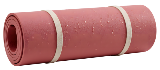 Rolled pink yoga mat with water droplets isolated on white background