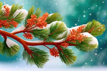 Close up of pine branches with pine cones and snow on evergreen needles