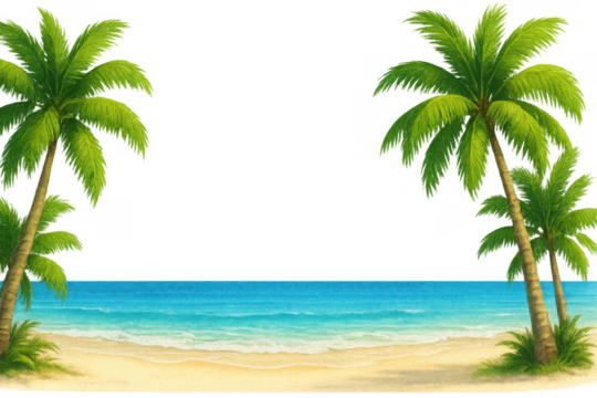 Palm trees framing a tropical beach with ocean waves, summer vacation, island paradise, transparent background illustration - Powered by Adobe