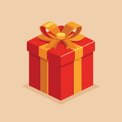 A vibrant red gift box adorned with a luxurious golden ribbon and elegant bow presented on a soft peach background perfect for symbolizing celebration surprise and festive occasions
