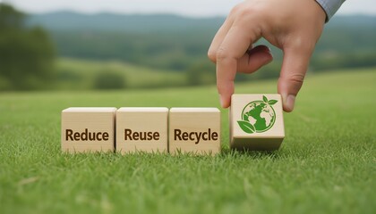 A hand places a block with the recycling symbol and Earth on it, next to blocks spelling "Reduce, Reuse, Recycle" on green grass.