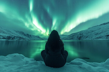 Person on Snowy Mountain Watching Merry Dancers Mesmerizing Northern Lights in Arctic Sky, Generative AI
