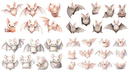 A charming watercolor set of cute bats in soft pastel tones, featuring expressive poses and playful gestures. Ideal for fantasy themes, children illustrations, and whimsical creative artwork.