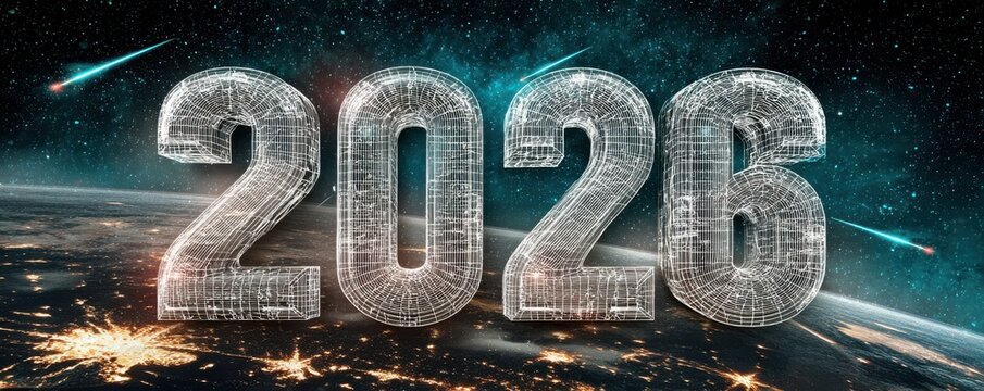 Futuristic metallic 2026 numbers in space with glass cube design and starlit glow for tech branding