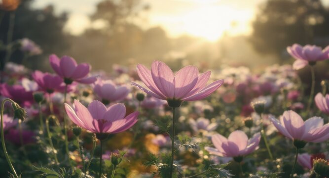 Field of pink and white flowers bathed in warm sunlight with soft focus and bokeh