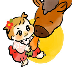 Fototapeta premium 馬に人参をあげる赤ちゃんの干支イラスト（午） Baby Feeding a Horse with a Carrot – Zodiac Illustration