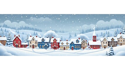 Charming snowy village scene with festive lights and snowfall