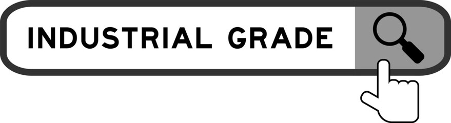 Search banner in word industrial grade with hand over magnifier icon on white background