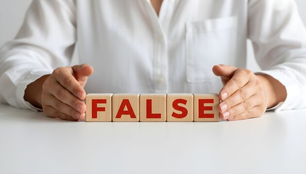 A person's hands holding wooden blocks that spell out the word FALSE, indicating a negative concept.
