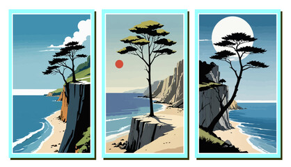 Minimalist coastal landscape with cliffs, ocean waves, lone tree silhouette, sunset and moon, modern wall art, nature illustration, scenic seascape design © hadi