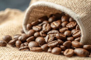 Fototapeta premium Roasted coffee beans spilling from a burlap sack on a textured surface. The rich brown coffee beans are scattered on a rustic burlap cloth, creating a warm, inviting scene.