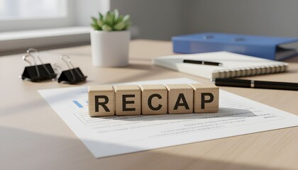 Wooden blocks spelling RECAP on a document, symbolizing a business summary or meeting review on an office desk.