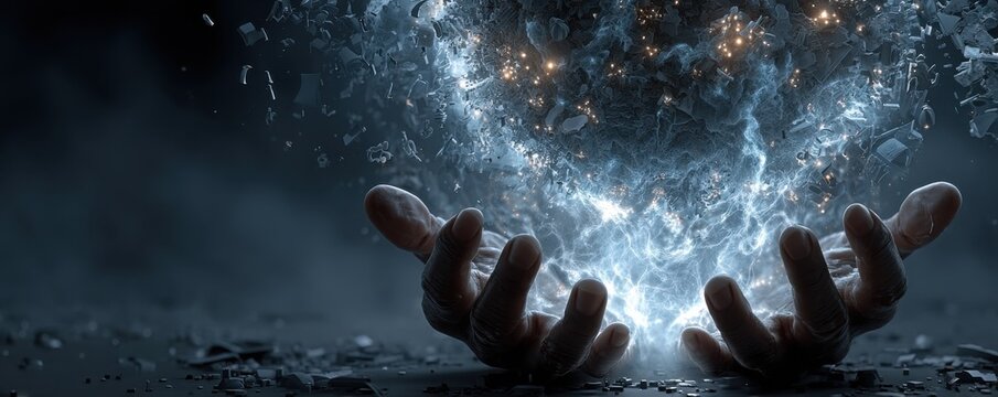 A pair of hands reaches toward an illuminated digital sphere, symbolizing innovation and technology