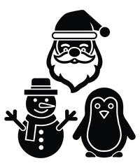 Festive Santa, Snowman and Penguin Silhouette Icon Set.
