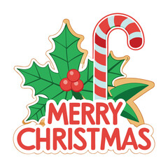 Festive merry christmas greeting design featuring a whimsical candy cane surrounded by holly leaves and red berries perfect for holiday decorations and seasonal artwork