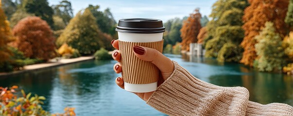 Person holding a paper coffee cup beside a tranquil autumn park lake on a sunny day