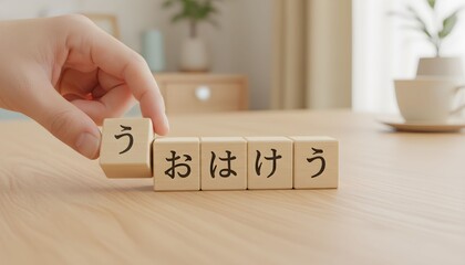 A person's hand arranging wooden blocks with Japanese hiragana characters on a wooden table for language learning.