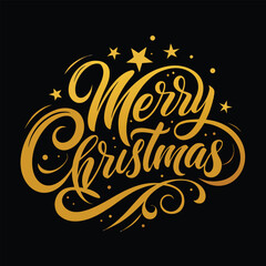 Elegant golden merry christmas calligraphy with sparkling stars and festive flourishes on a dark background for holiday greetings and designs
