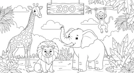 Cute Coloring Page Zoo Animals Giraffe Lion Elephant Monkey for Kids Activity Book Design