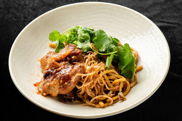 An angled view of an Asian noodle dish with meat, fried shallots, and fresh cilantro, served in a white bowl on a dark background