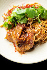 An angled view of an Asian noodle dish with meat, fried shallots, and fresh cilantro, served in a white bowl on a dark background