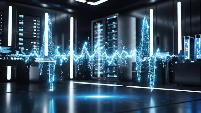 A luminous blue energy waveform pulsates through a high-tech server farm, symbolizing the digital heartbeat of information technology