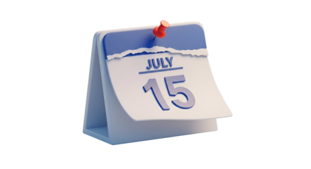 3d rendering of a desk calendar showing july 15 isolated on transparent background