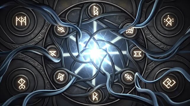 Dynamic glowing rune circle activation with dark futuristic energy conduits pulsing