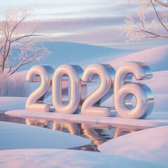 Pastel-colored 3D numbers 2026 standing on wooden surface with blurred plants and window on background
