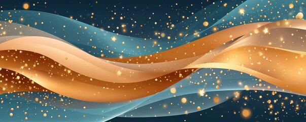 Abstract blue and gold bokeh background with waves, lights, and particles for festive design