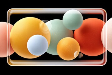 Abstract composition of colorful spheres and rounded bars on a bold black background for modern design