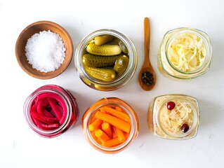Variety of homemade pickled vegetables in glass jars on white background