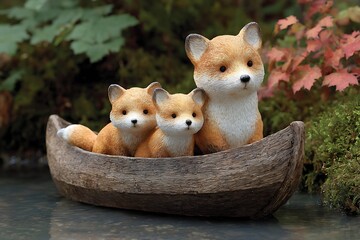 A family of foxes sitting together in a canoe, floating through a quiet forest stream