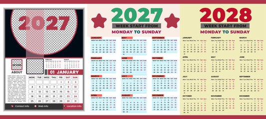 English calendar vector design 2027, 2028 year with editable font. English calendar design monthly layout from Monday to Sunday of the year 27 and 28