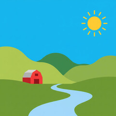 Naklejka premium Simple illustration of a sunny day on a farm with rolling green hills and a river