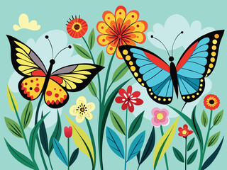 Vibrant butterflies gracefully flutter among a profusion of colorful blooming flowers and lush green foliage on a bright cheerful spring day illustration